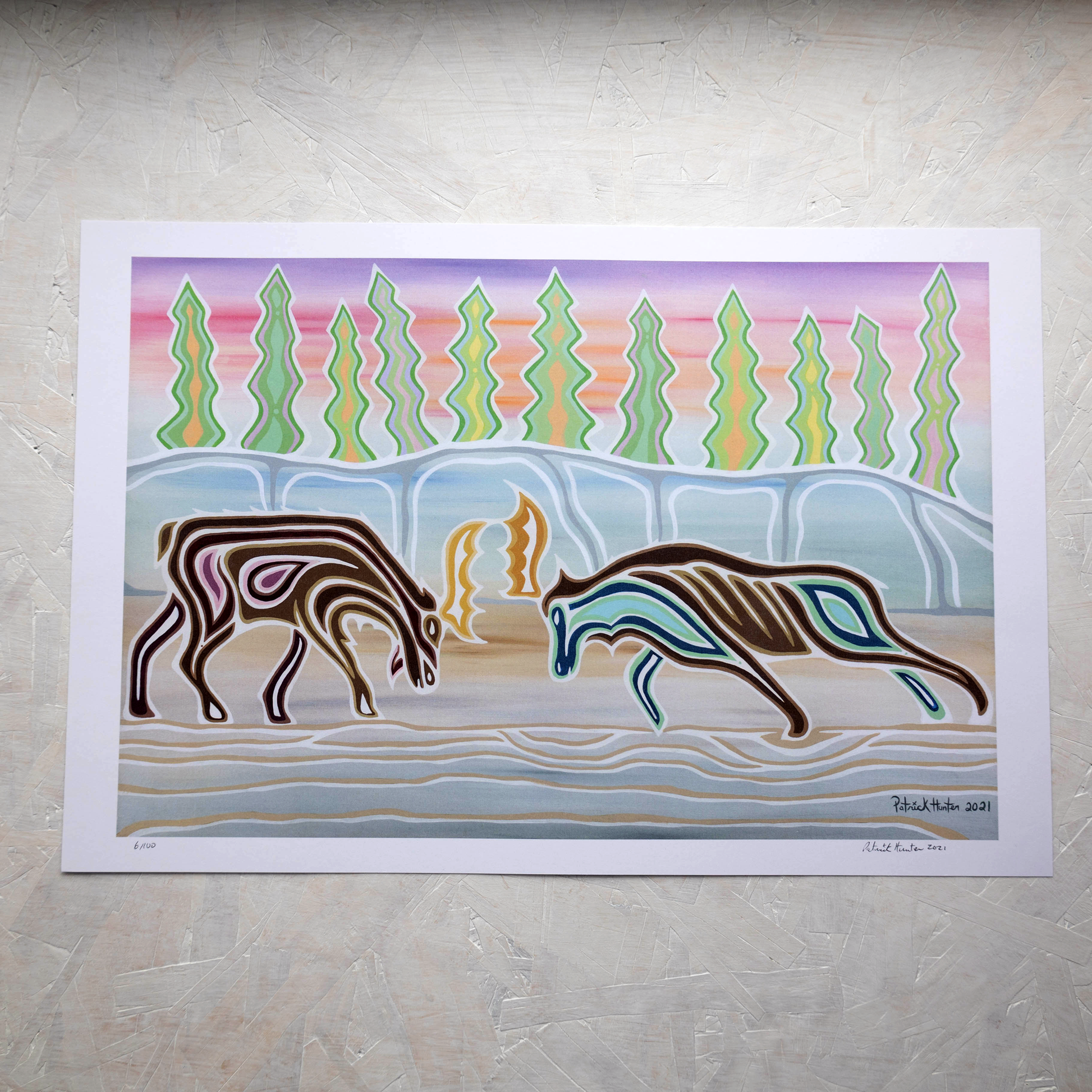 Print of Patrick Hunter's painting of two moose dueling, woodland art style.