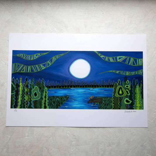 Print of Patrick Hunter's painting of a moose entering water, below a full moon, woodland art style.