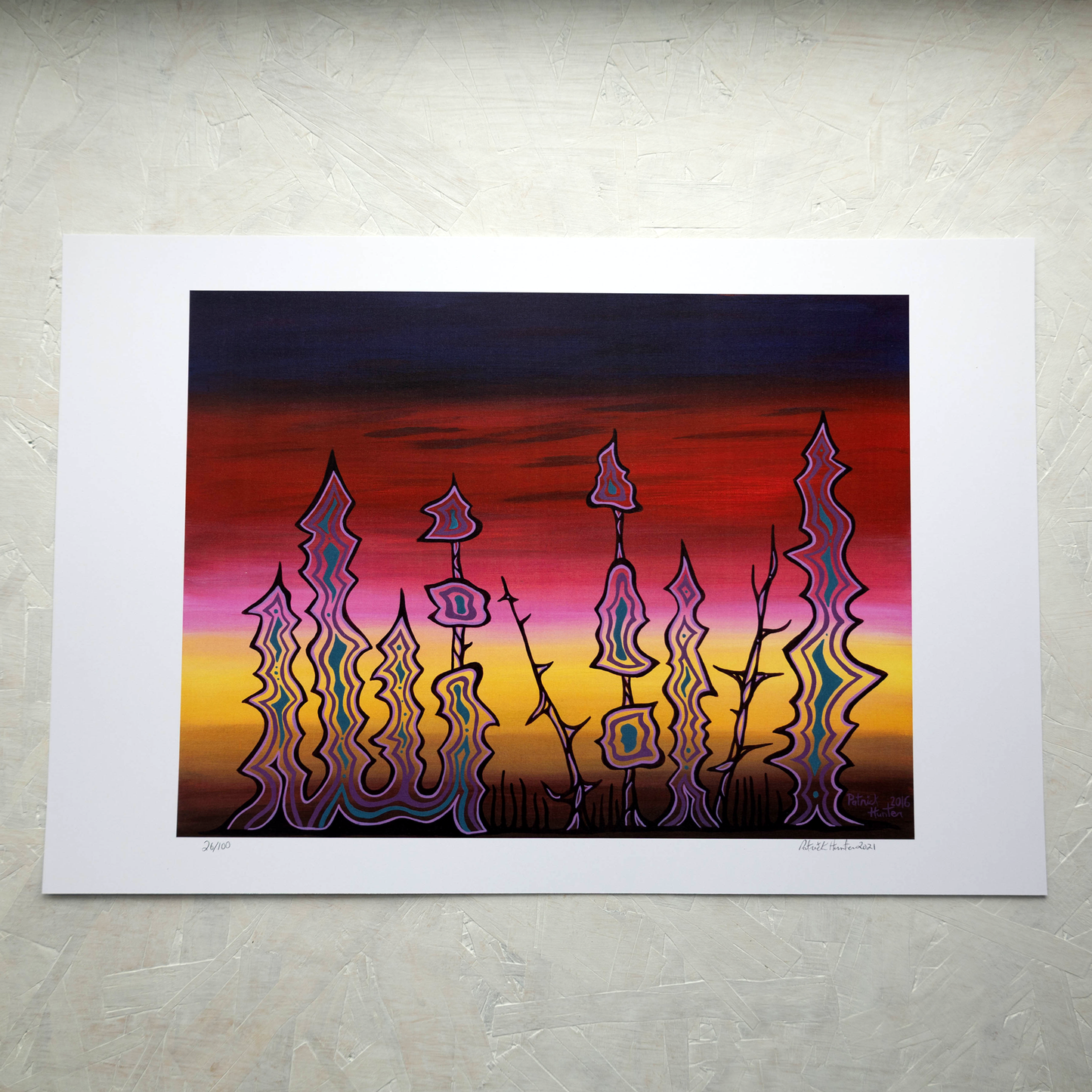 Print of Patrick Hunter's painting of forest spirits against an early morning sky, woodland art style.