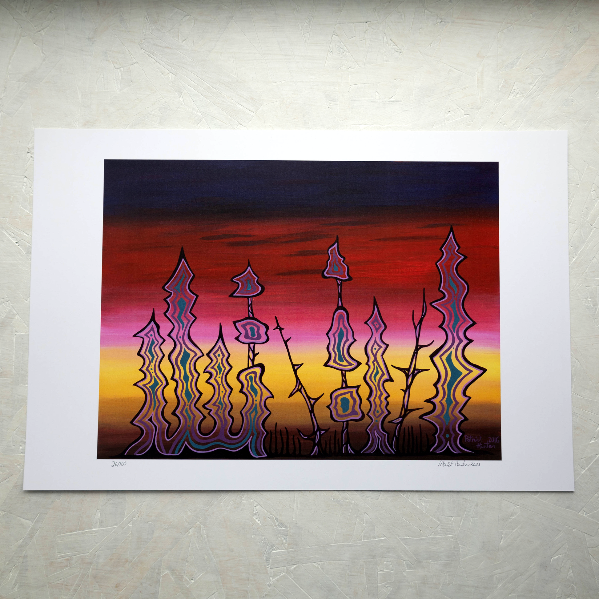 Print of Patrick Hunter's painting of forest spirits against an early morning sky, woodland art style.