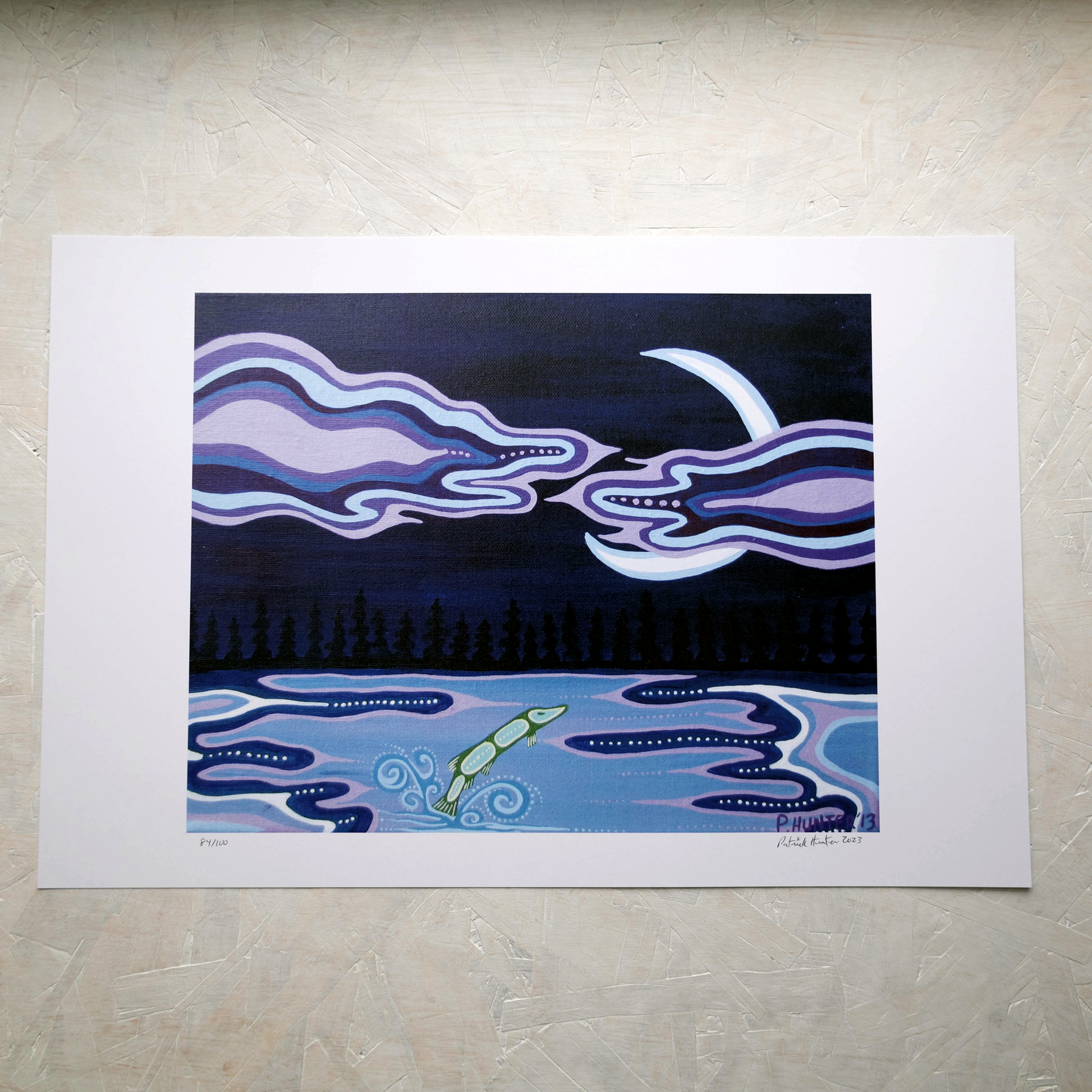 Print of Patrick Hunter's painting of a fish jumping out of water under a crescent moon partially covered by clouds, woodland art style.