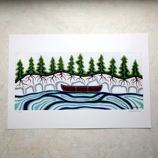 Print of Patrick Hunter's painting of a canoe on water, woodland art style.