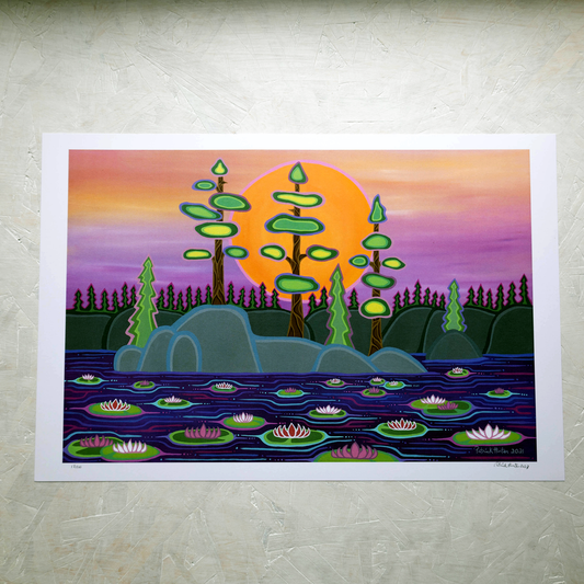 Print of Patrick Hunter's painting of lilypads on water in front of trees, forest, and sun, woodland art style.