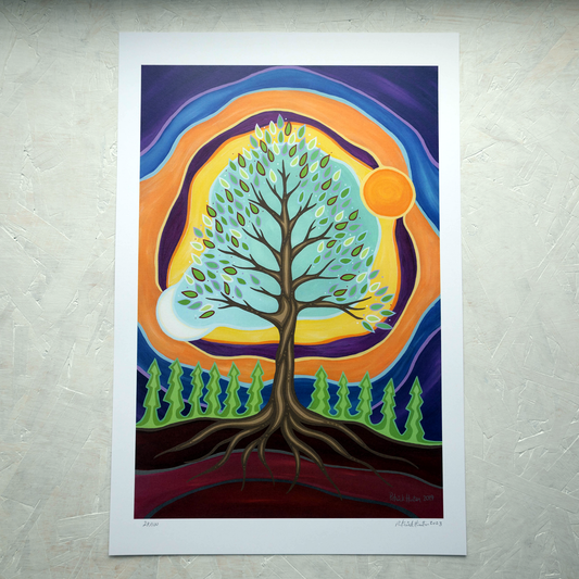 Print of Patrick Hunter's painting of a tree against vibrant background, woodland art style.