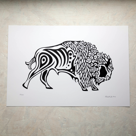 Print of Patrick Hunter's painting of a buffalo, black on white, woodland art style.