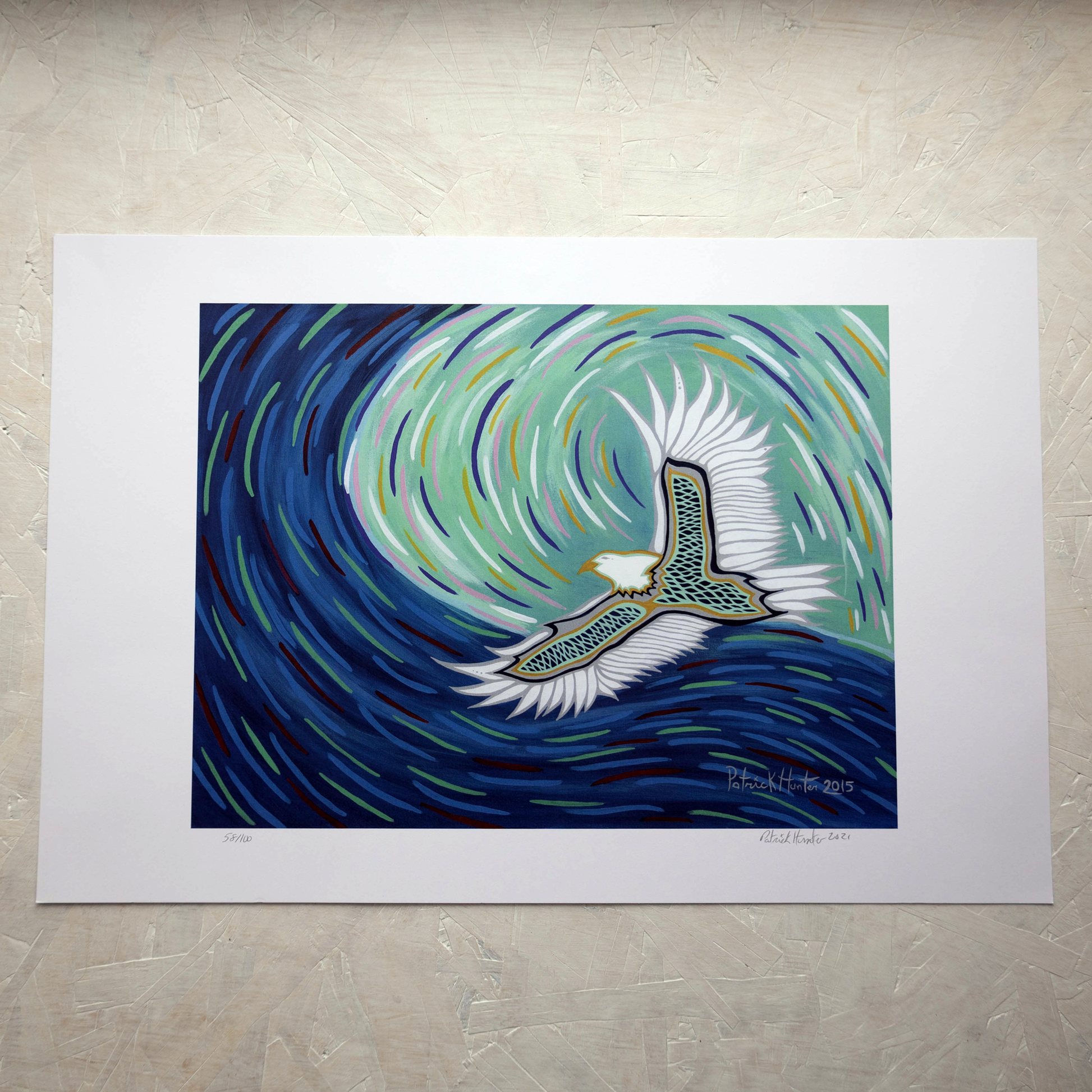 Print of Patrick Hunter's painting of an eagle in flight against a duotone blue sky, woodland art style.