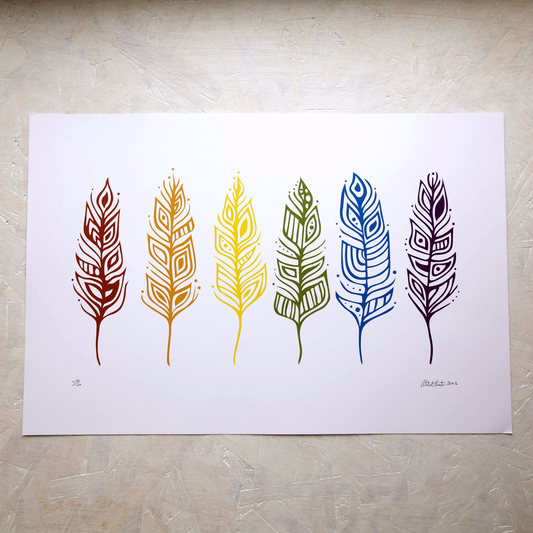 Print of Patrick Hunter's painting of feathers in 6 Pride colours, woodland art style.