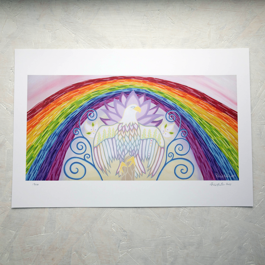Print of Patrick Hunter's painting of a rainbow over a lotus and eagle in Pride colours, woodland art style.
