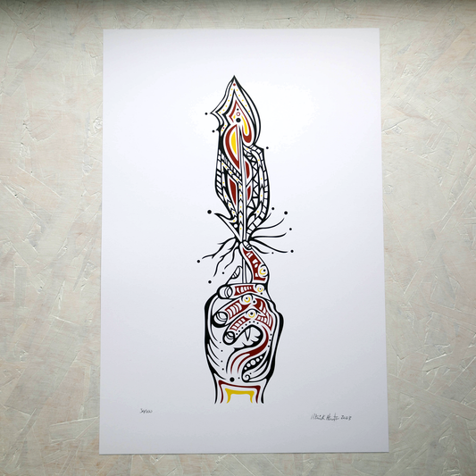 Print of Patrick Hunter's painting of a hand holding a feather upright, black, red, and gold on white, woodland art style.