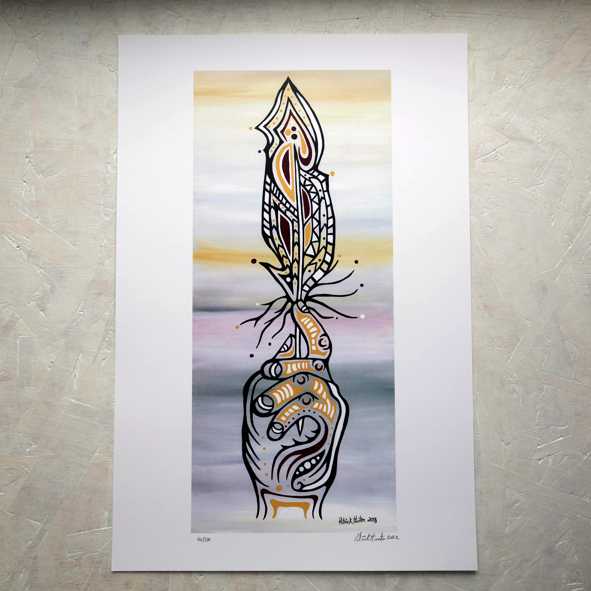 Print of Patrick Hunter's painting of a hand holding up a feather against a gradient background, woodland art style.
