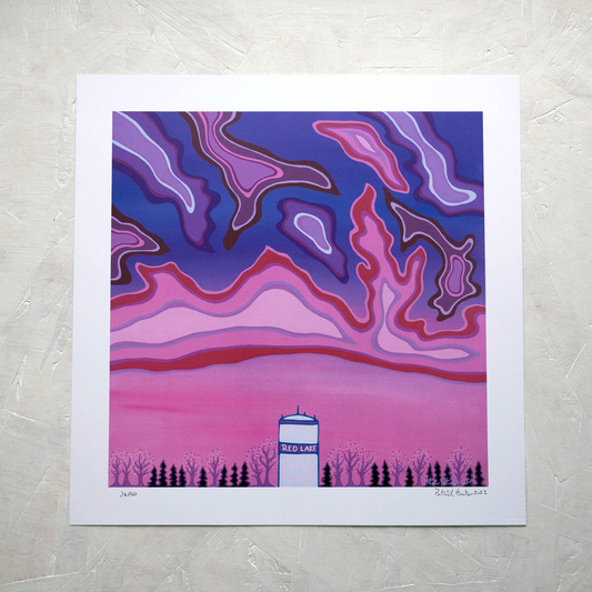 Print of Patrick Hunter's painting of a water tower, with text Red Lake, against a vibrant background of pinks and purples, woodland art style.