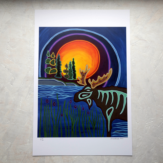 Print of Patrick Hunter's painting of a moose against a backdrop of water, trees, and sun, woodland art style.
