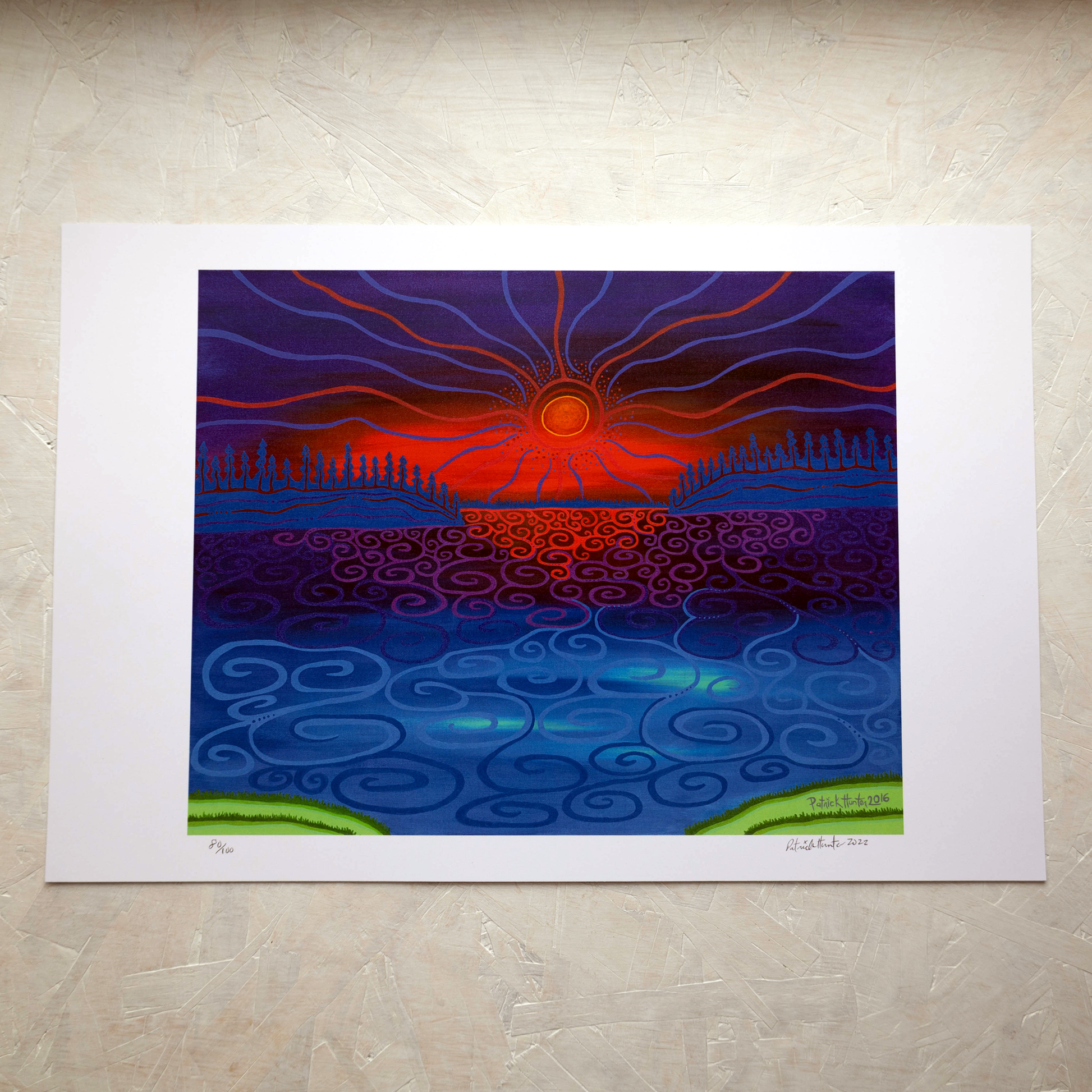 Print of Patrick Hunter's painting of a vibrant sunset over water, woodland art style.