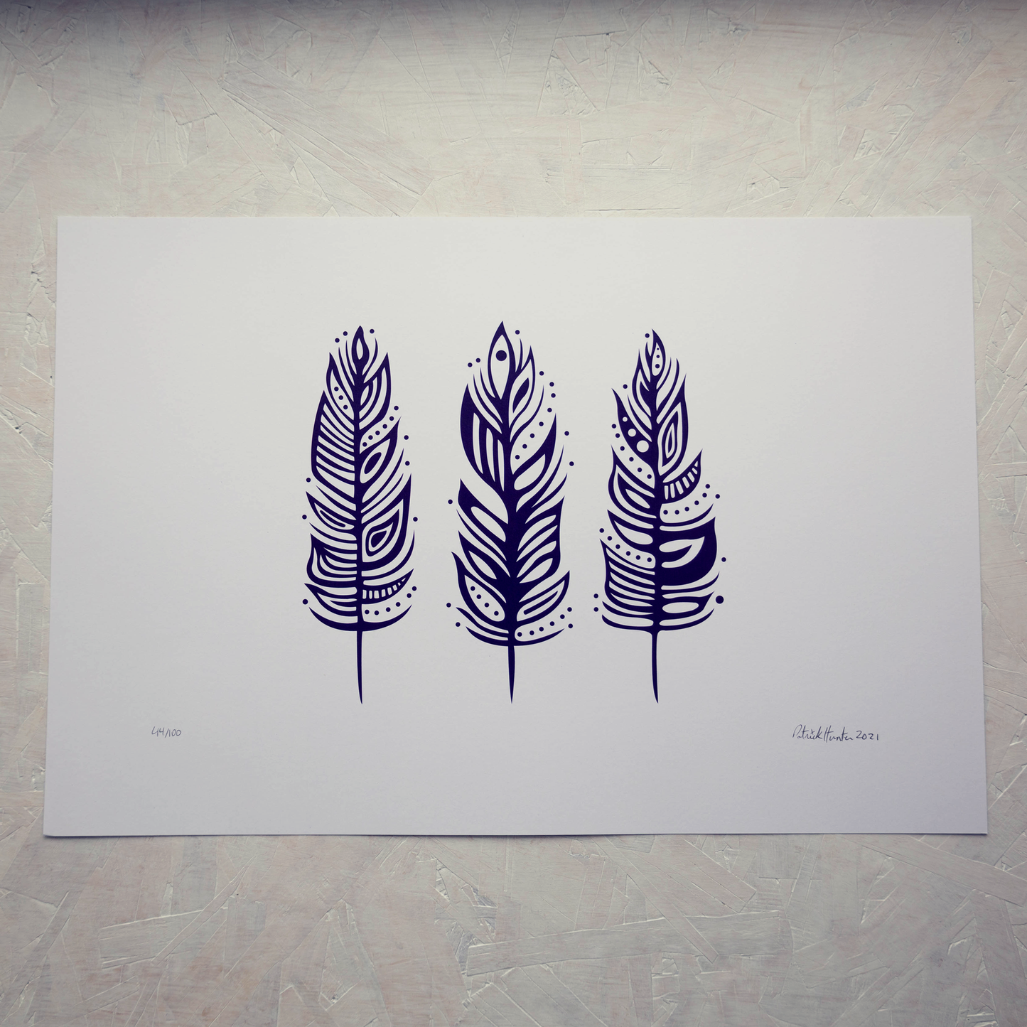 Print of Patrick Hunter's painting of three feathers, purple on white, woodland art style.