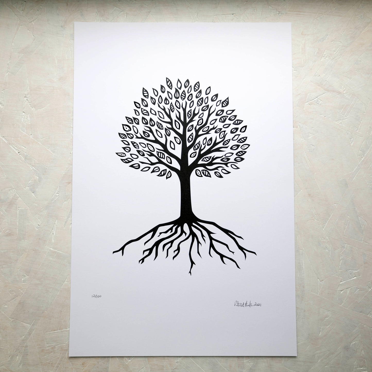Print of Patrick Hunter's painting of a simplified tree of life, black on white in portrait orientation, woodland art style.
