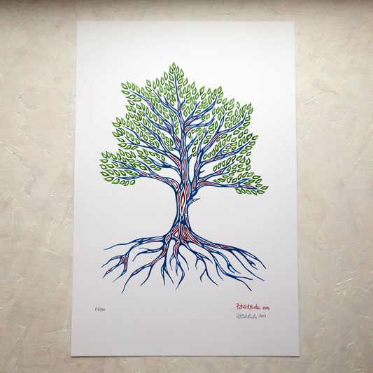 Print of Patrick Hunter's painting of a tree of life in colour in portrait orientation, woodland art style.