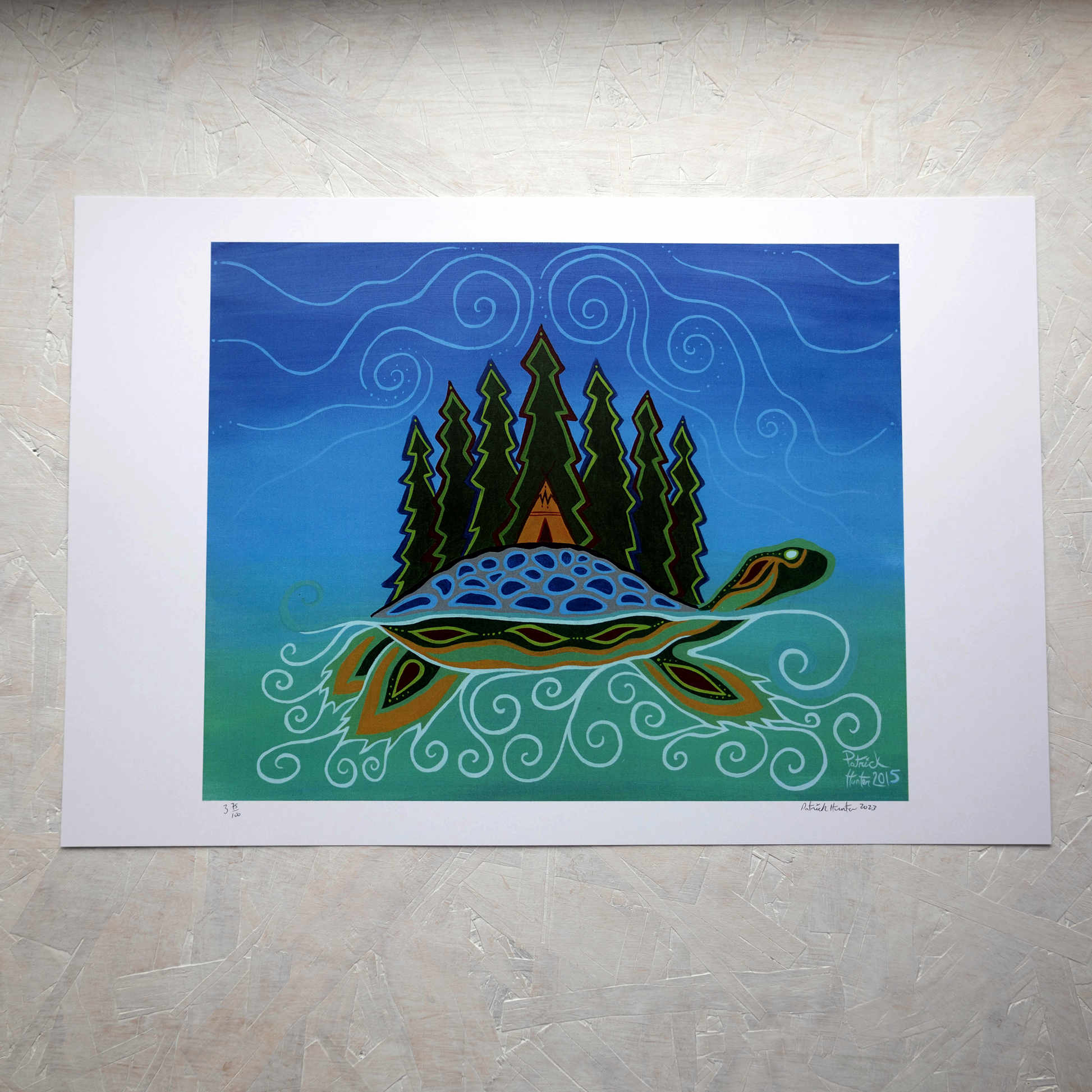Print of Patrick Hunter's painting of a turtle, hosting an island with forest on its back while swimming in water, woodland art style.