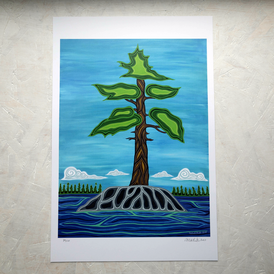 Print of Patrick Hunter's painting of a white pine standing solitary surrounded by water with forest in the distant background, woodland art style.