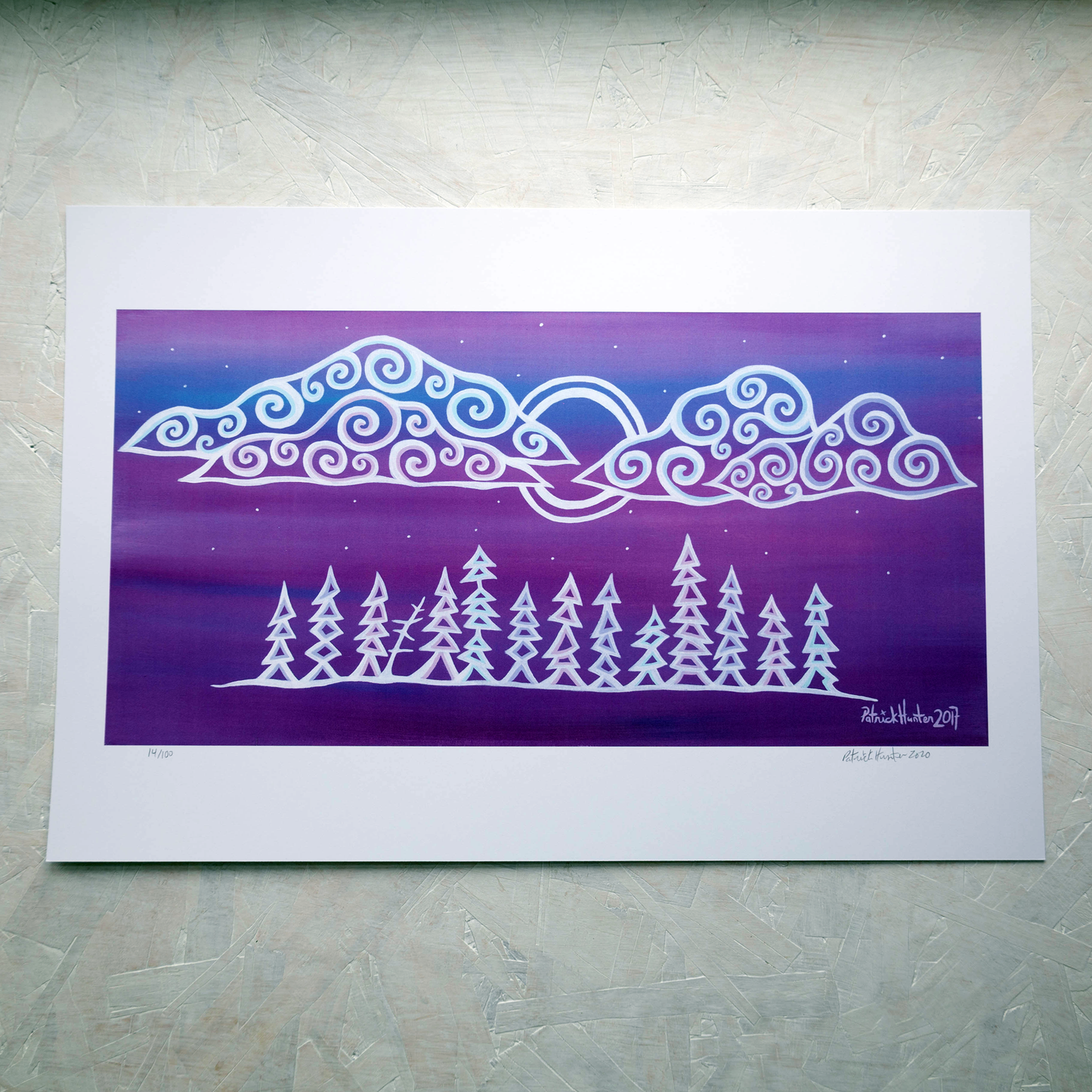 Print of Patrick Hunter's painting of a winter scene against deep purple sky, woodland art style.