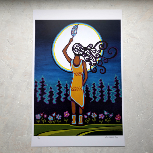 Print of Patrick Hunter's painting of a woman standing before a full moon, arm raised with a feather in hand, woodland art style.