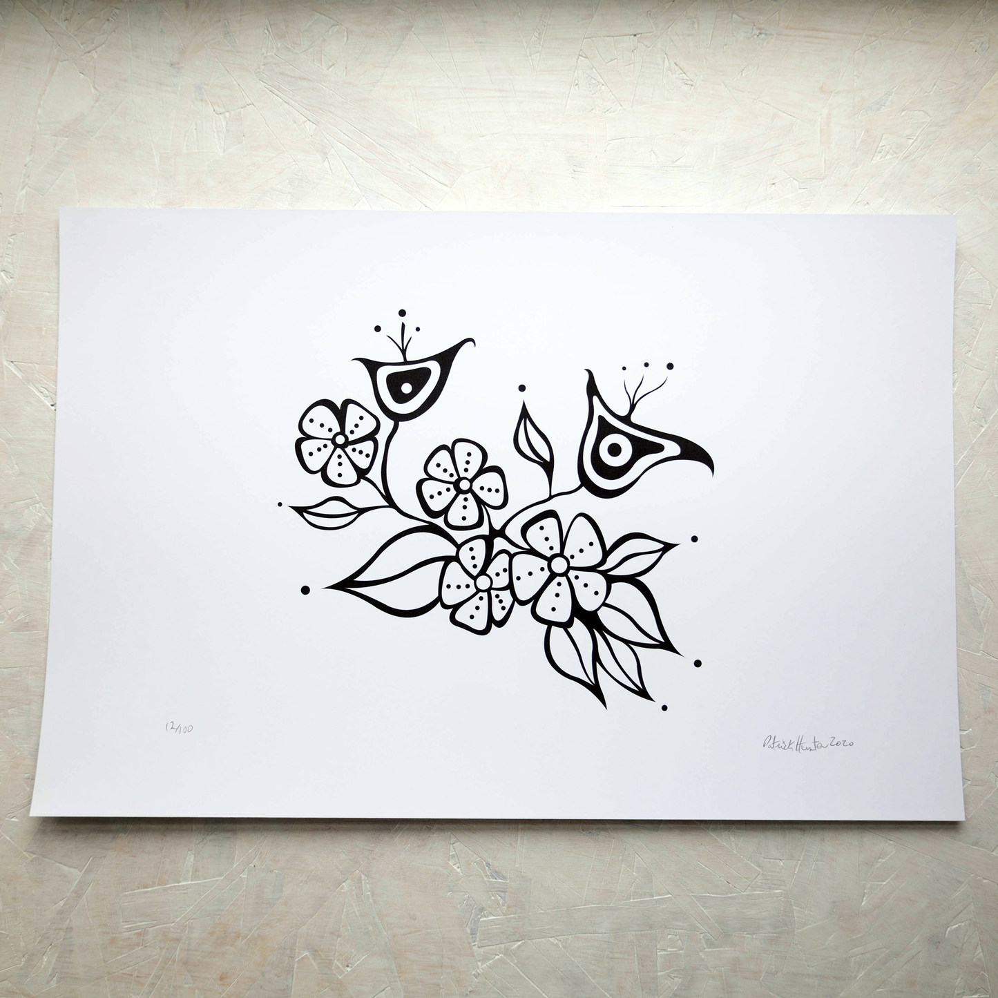 Print of Patrick Hunter's painting of flowers, black on white, woodland art style.