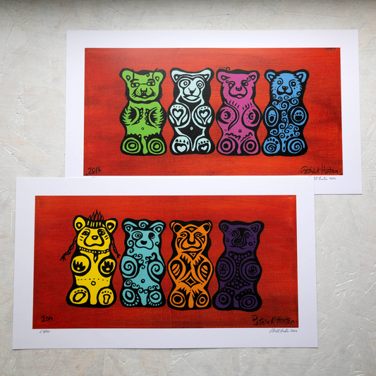 Prints of Patrick Hunter's 2 piece series of woodland art style gummy bears.