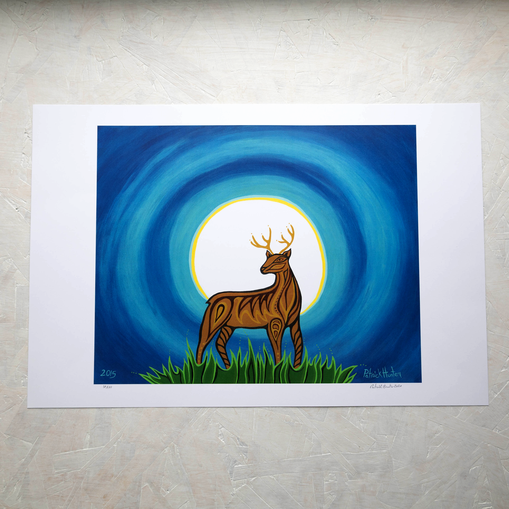 Print of Patrick Hunter's painting of a young buck deer, in front of a full moon, woodland art style.