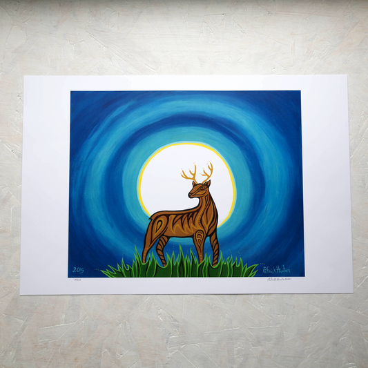 Print of Patrick Hunter's painting of a young buck deer, in front of a full moon, woodland art style.