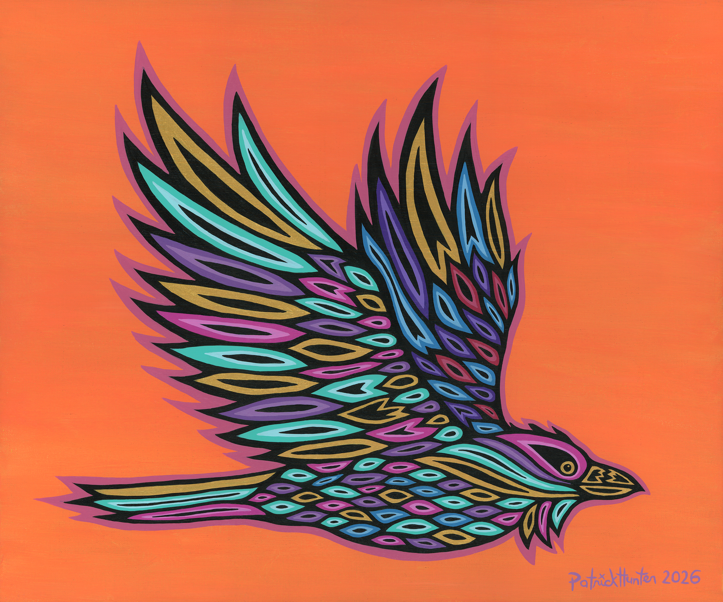 Patrick Hunter's painting of a multi-coloured crow in woodland art style on an orange background. The crow faces the right with wings outstretched above its head.