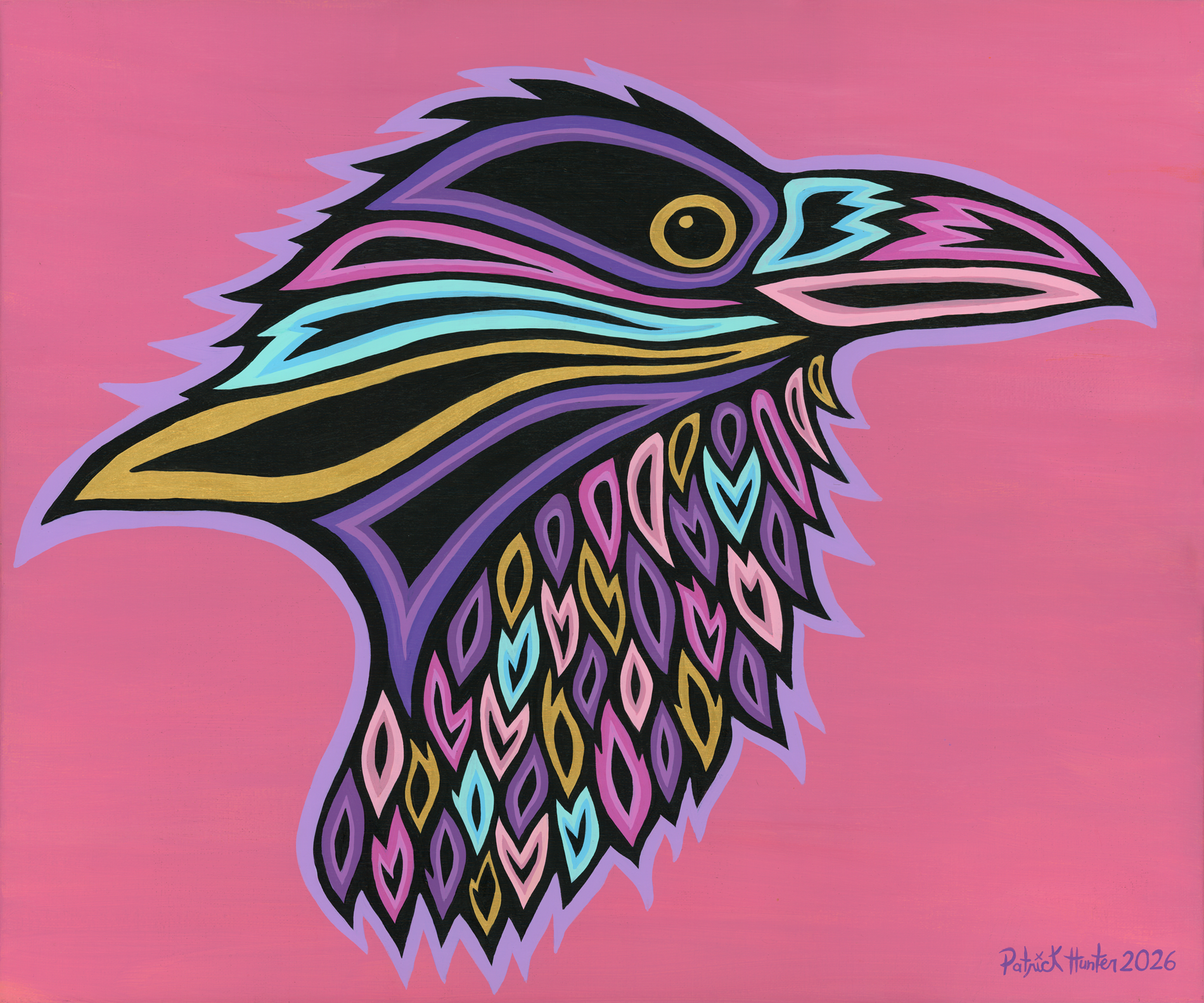 Patrick Hunter's portrait of a multi-coloured crow in woodland art style. The crow faces to the right of the canvas on a pink background.