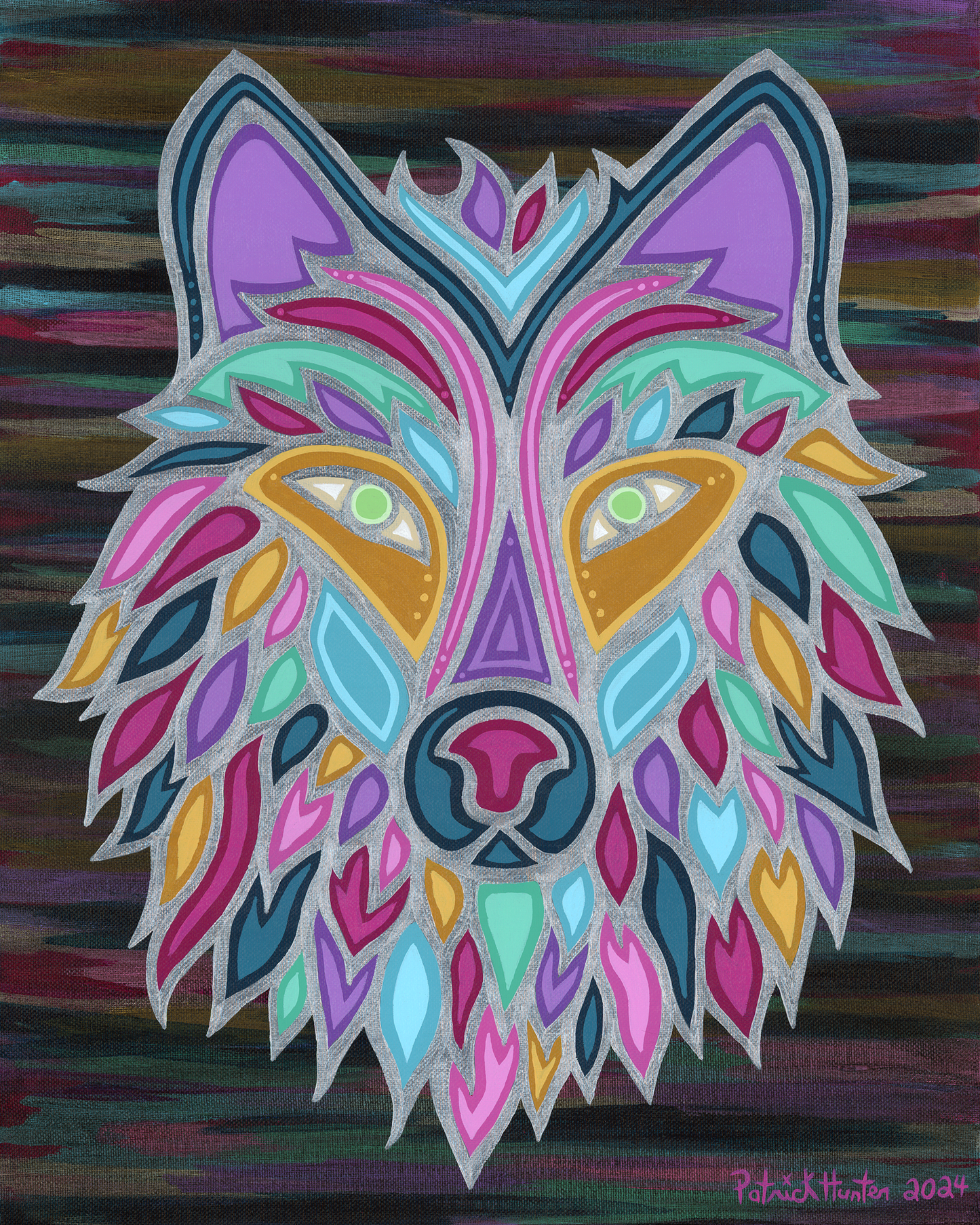 Patrick Hunter's painting of a multi-colour wolf face in woodland art style; a wolf faces forward, overlaid a muted background using many of the same colours from the wolf portrait.
