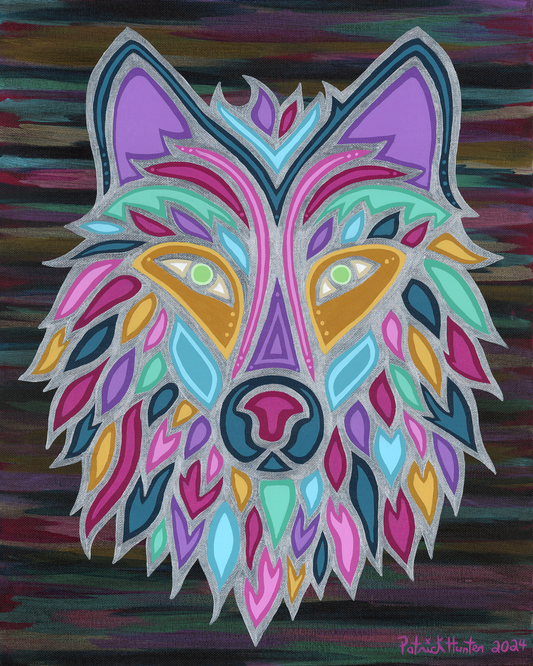 Patrick Hunter's painting of a multi-colour wolf face in woodland art style; a wolf faces forward, overlaid a muted background using many of the same colours from the wolf portrait.