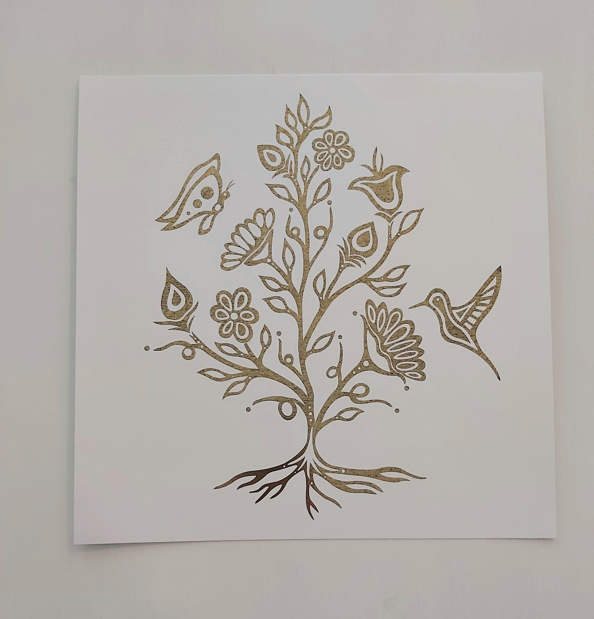 Print of Patrick Hunter's painting of flowers and polinators in gold leaf on white background, woodland art style.
