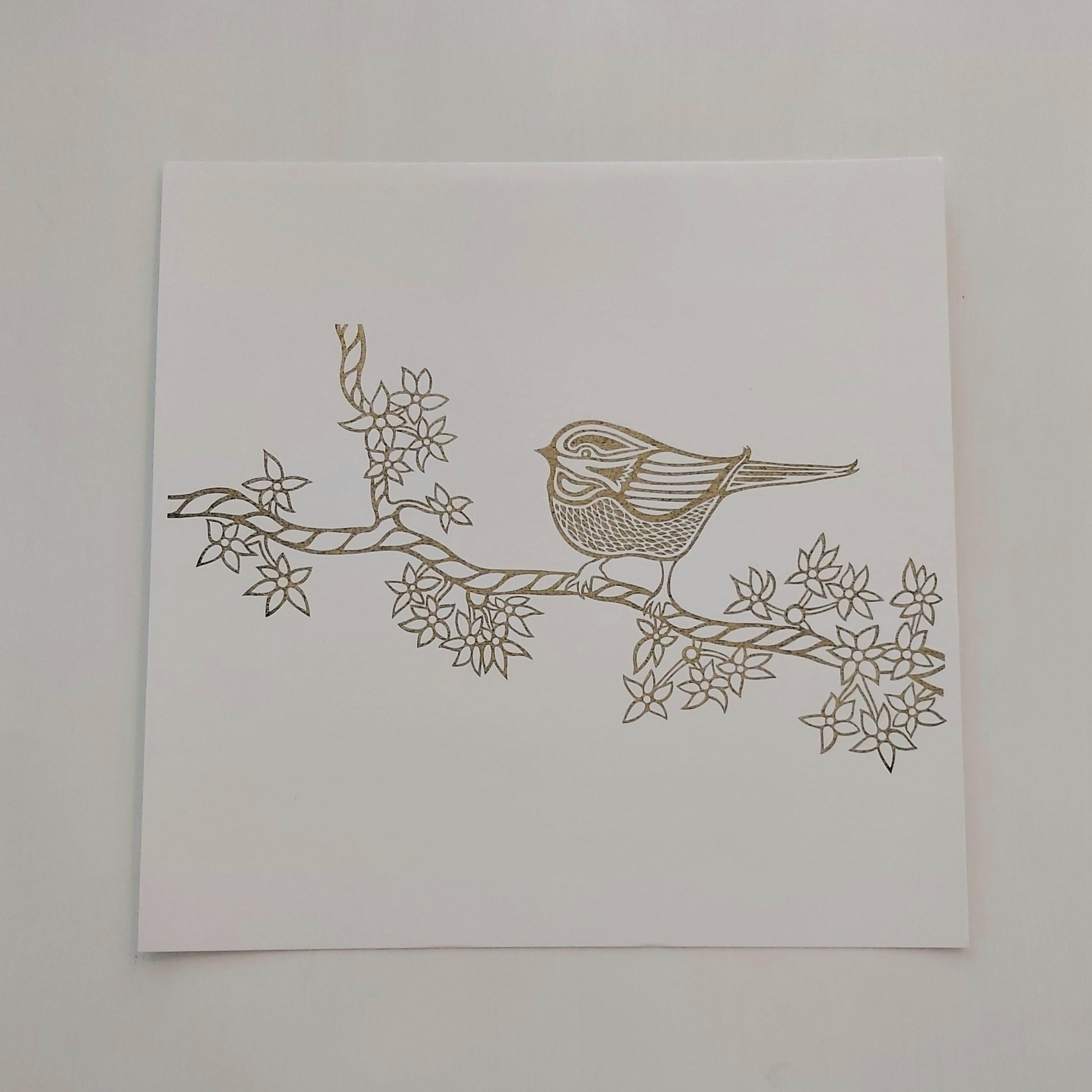 Print of Patrick Hunter's painting of a small bird on a spring branch in gold leaf on white, woodland art style.