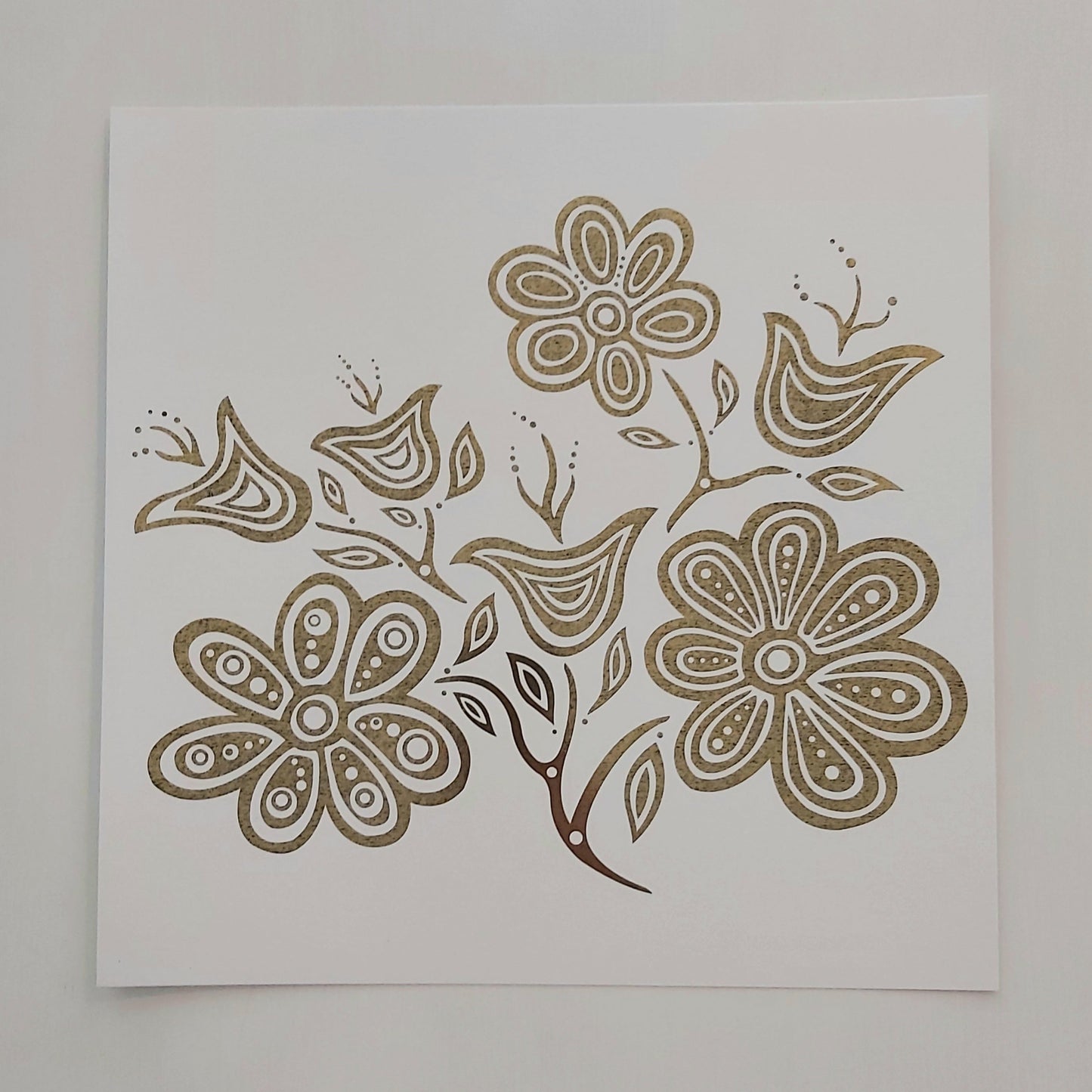 Print of Patrick Hunter's painting of flowers, gold leaf on white, woodland art style.