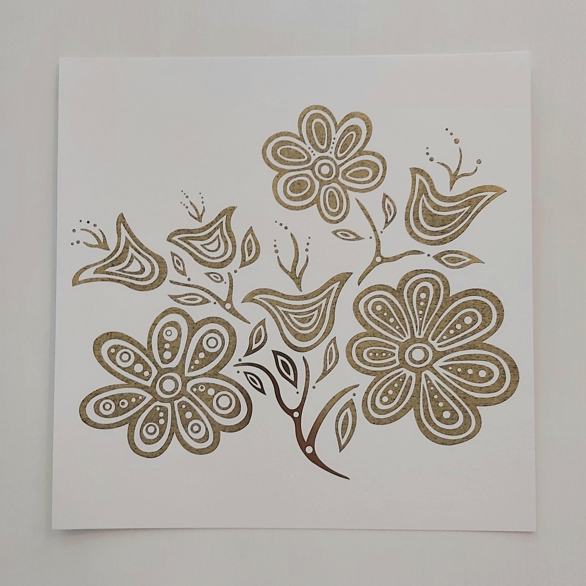 Print of Patrick Hunter's painting of flowers, gold leaf on white, woodland art style.