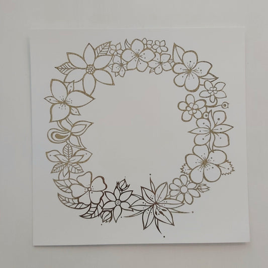 Print of Patrick Hunter's painting of a floral wreath, gold leaf on white, woodland art style.