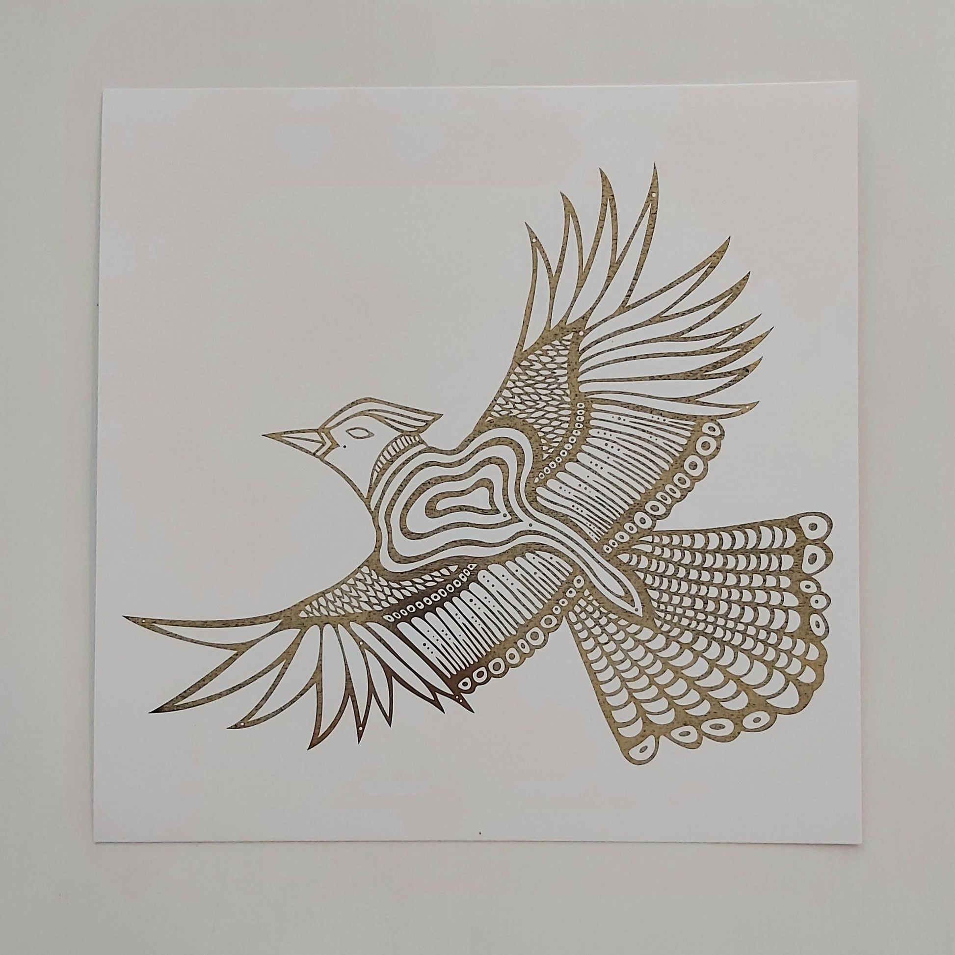 Print of Patrick Hunter's blue jay in flight in gold and white woodland art style.