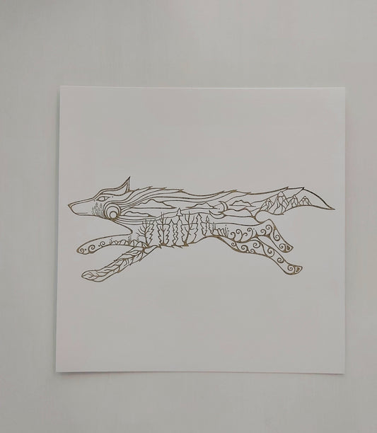Print of Patrick Hunter's painting of a running wolf in woodland art style, gold leaf on white background.