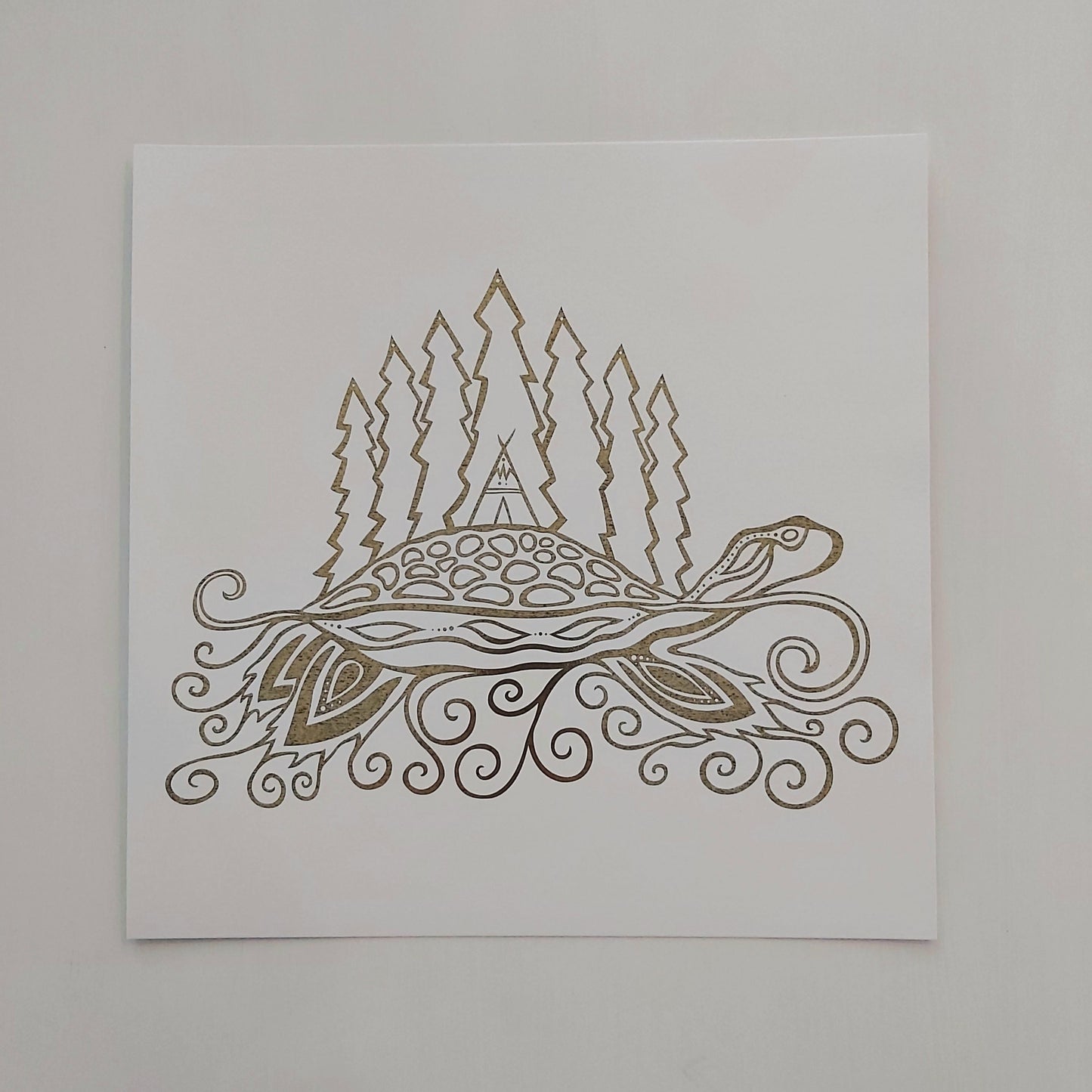 Print of Patrick Hunter's painting of a turtle carrying an island on it's back through water, gold leaf on white, woodland art style.