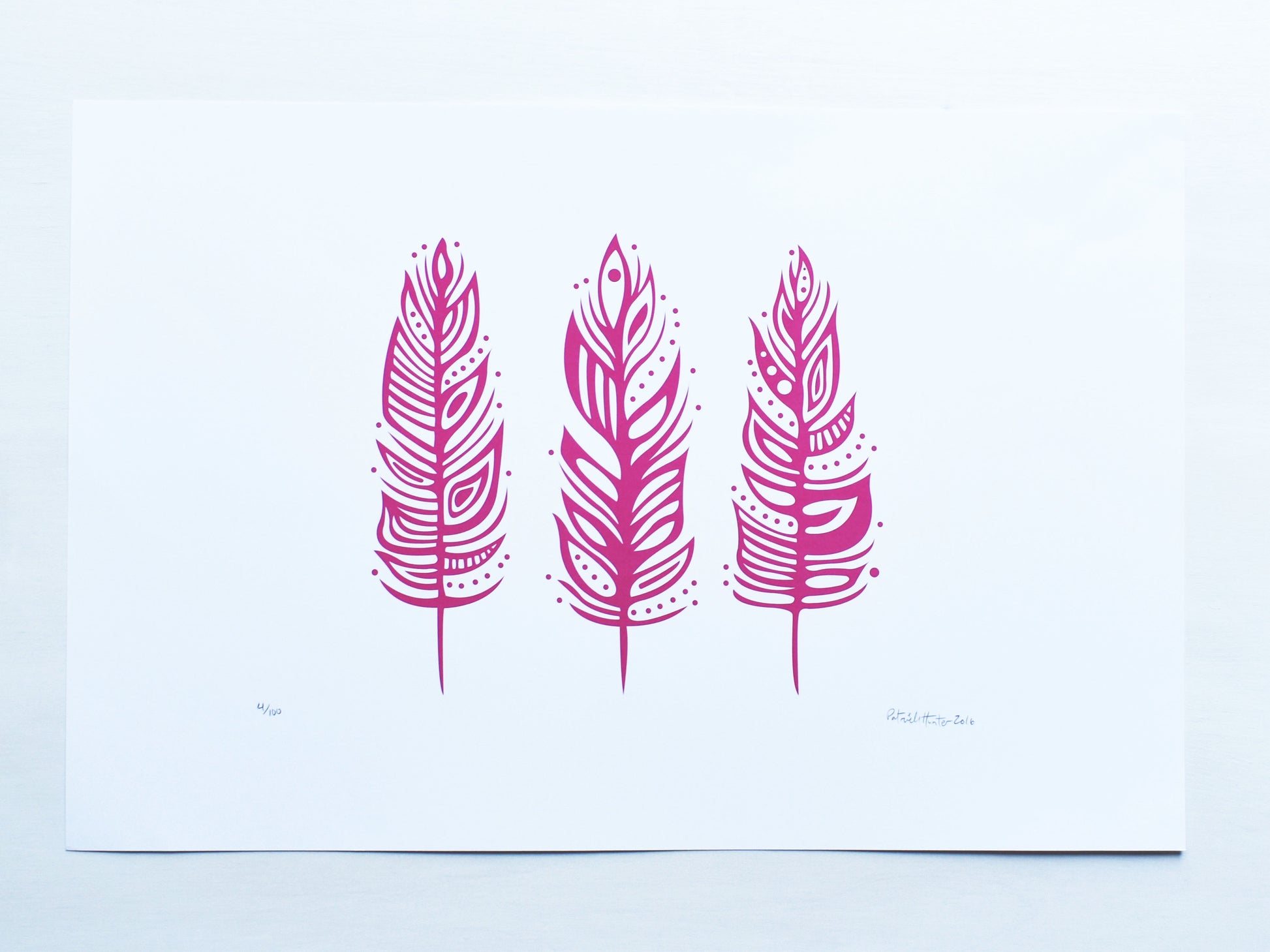 Print of Patrick Hunter's painting of three feathers, pink on white, woodland art style.
